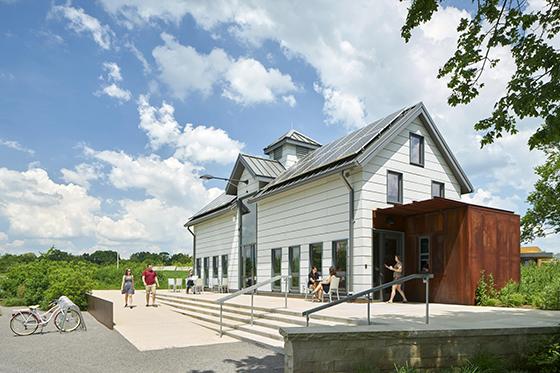 Photo of a white barn on Chatham University's Eden Hall Campus